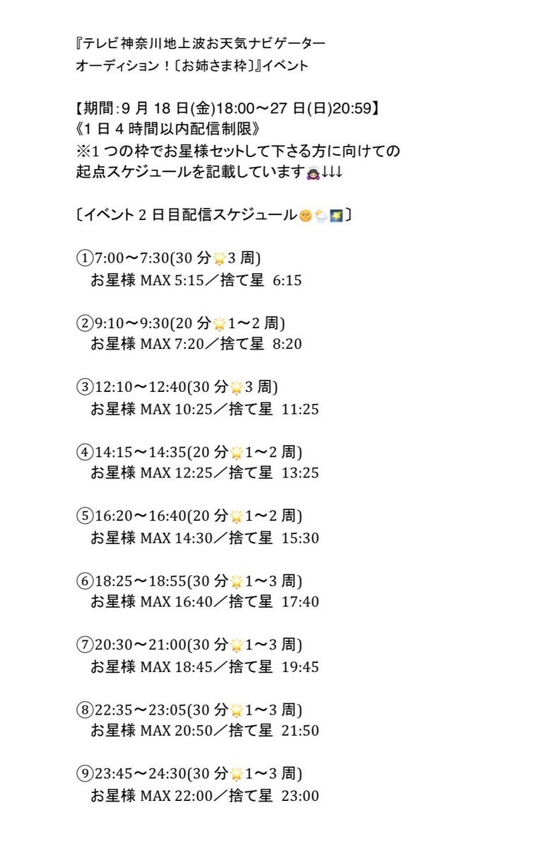 嶋 梨夏 しまりか お天気ナビゲーターイベント2日目showroom配信スケジュール 今日は9枠配信です 初日の遅れを取り戻せるように お姉さまやお天気についても沢山アピール出来るように頑張るので応援宜しくお願いします