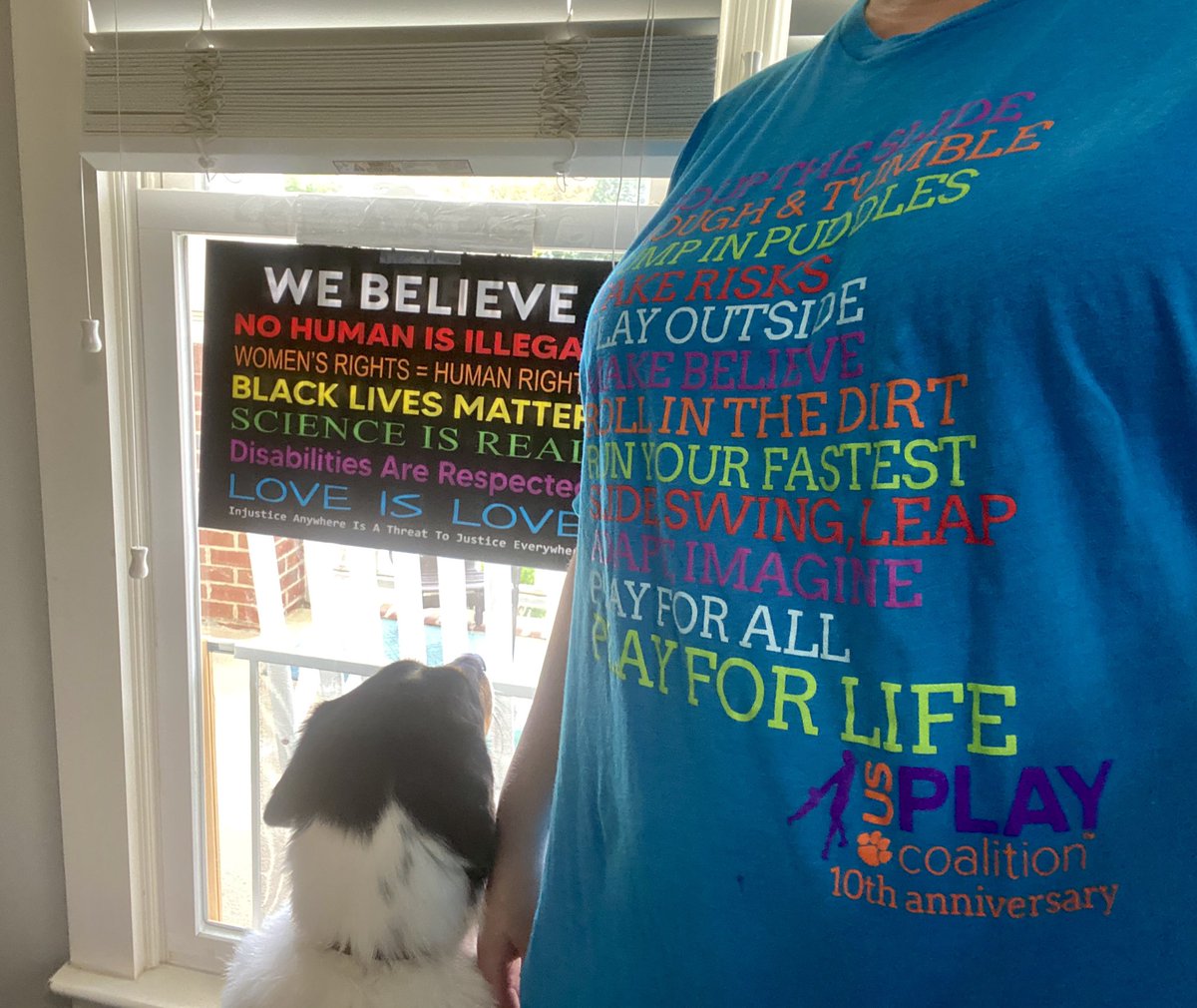 Angela_M_Novak's tweet photo. My dog photobombed my selfie showing off my @USPlayCoalition shirt. So excited to chat about #EquityInEducation #CreativityandCriticalThinking #GiftedEducation #Play and #Eduspeak in less than 2 weeks! #WePlayChat #gtchat friends, come PLAY! I think y’all will love the topic! https://t.co/GjsnYFbVI4