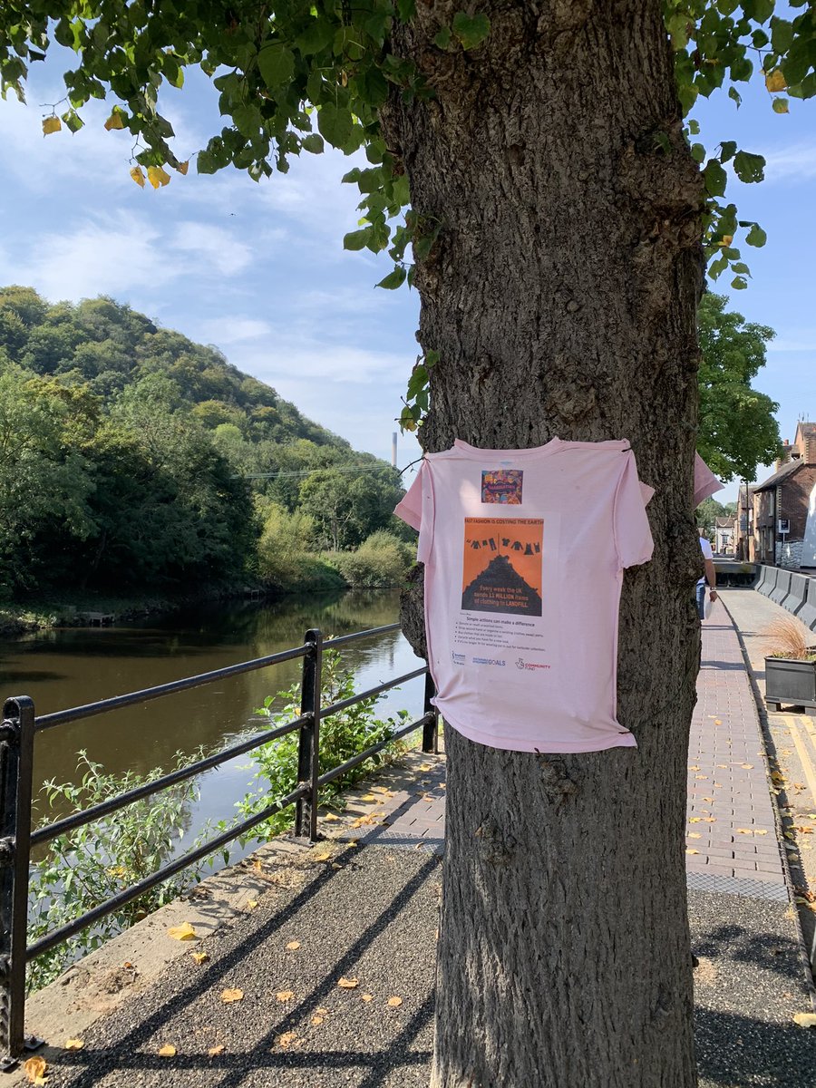 SiWrekin's tweet photo. Fast fashion - causing more pollution than aviation and shipping combined Wrekin Soroptimists have been putting up washing lines and T shirts around Ironbridge to highlight the damage fast fashion causes. Thanks to a grant from #CelebrateNationalLottery25. #SecondHandSeptember. https://t.co/SpXtlzkFF4