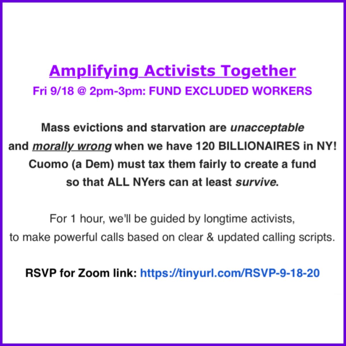 TODAY! (Friday, September 18th) RIGHT NOW (at 2pm) we call our NYS reps and demand that they #FundExcludedWorkers led by one of our faves 
<a href="/carlyncowen/">Carlyn Cowen (they/siya)</a>! RSVP link in bio to get the Zoom link!