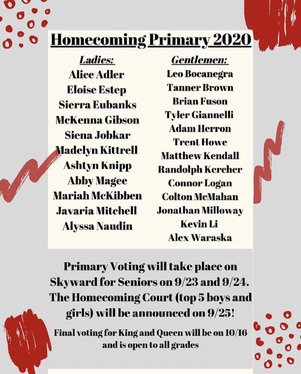 Homecoming primary candidates are out!! Final Court Voting for SENIORS will take place Wednesday 9/23!! Spread the word wildcats!! #HOCO2020