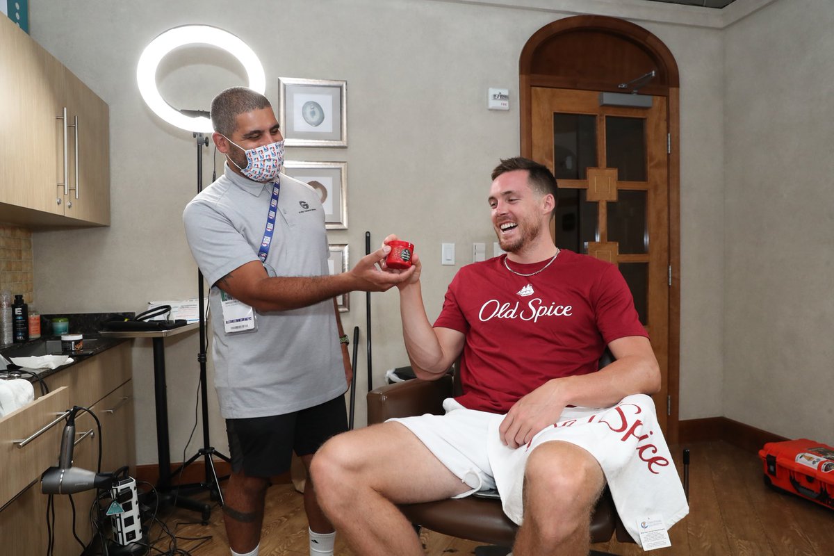 pconnaughton's tweet photo. I couldn’t have kept up my AWESOME hair in the bubble without ⁦@OldSpice⁩ Pomade and my man Reggae. The pomade gives me the perfect style assist I need to look my best and keep me fresh no matter what’s coming up next. #AvailableAtTarget #SponsoredObviously https://t.co/wL5zIrZZTs