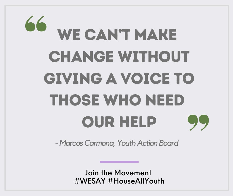 Let's give our voice and support to youth/young adults who are experiencing homelessness &amp; housing insecurity. Please join &amp; spread the #WESAY #HouseAllYouth Movement. Be a part of the change: bit.ly/3mi1rZX