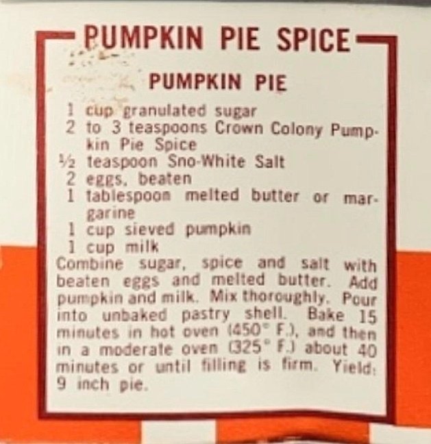 Pumpkin Pie recipe (Crown Colony / Safeway, ca.1950s-60s)