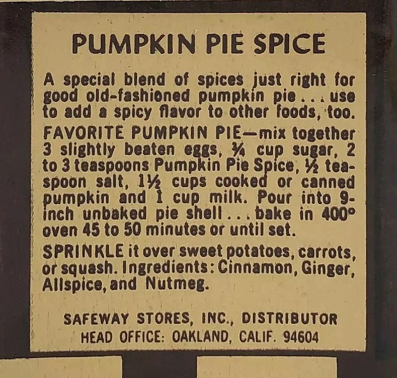 Favorite Pumpkin Pie recipe and pumpkin pie spice tips (Crown Colony / Safeway, ca.1970s)