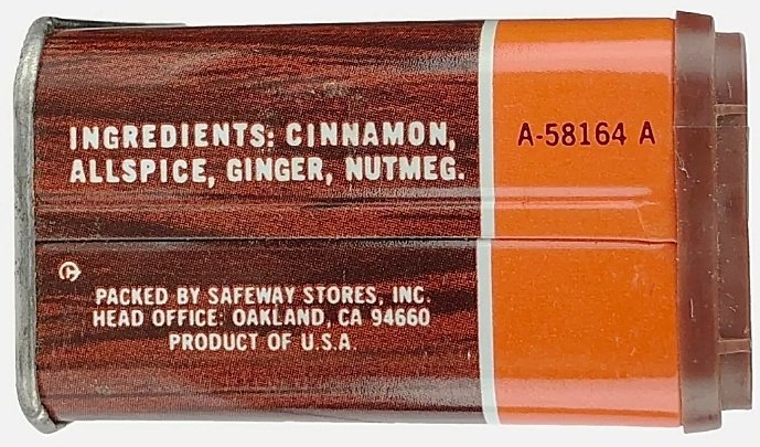 Pumpkin pie spice tips (Crown Colony / Safeway, sell by 11/16/1984)