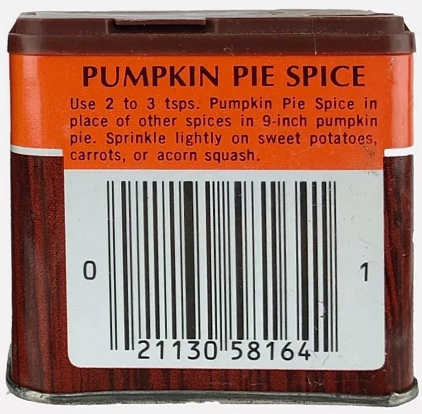 Pumpkin pie spice tips (Crown Colony / Safeway, sell by 11/16/1984)