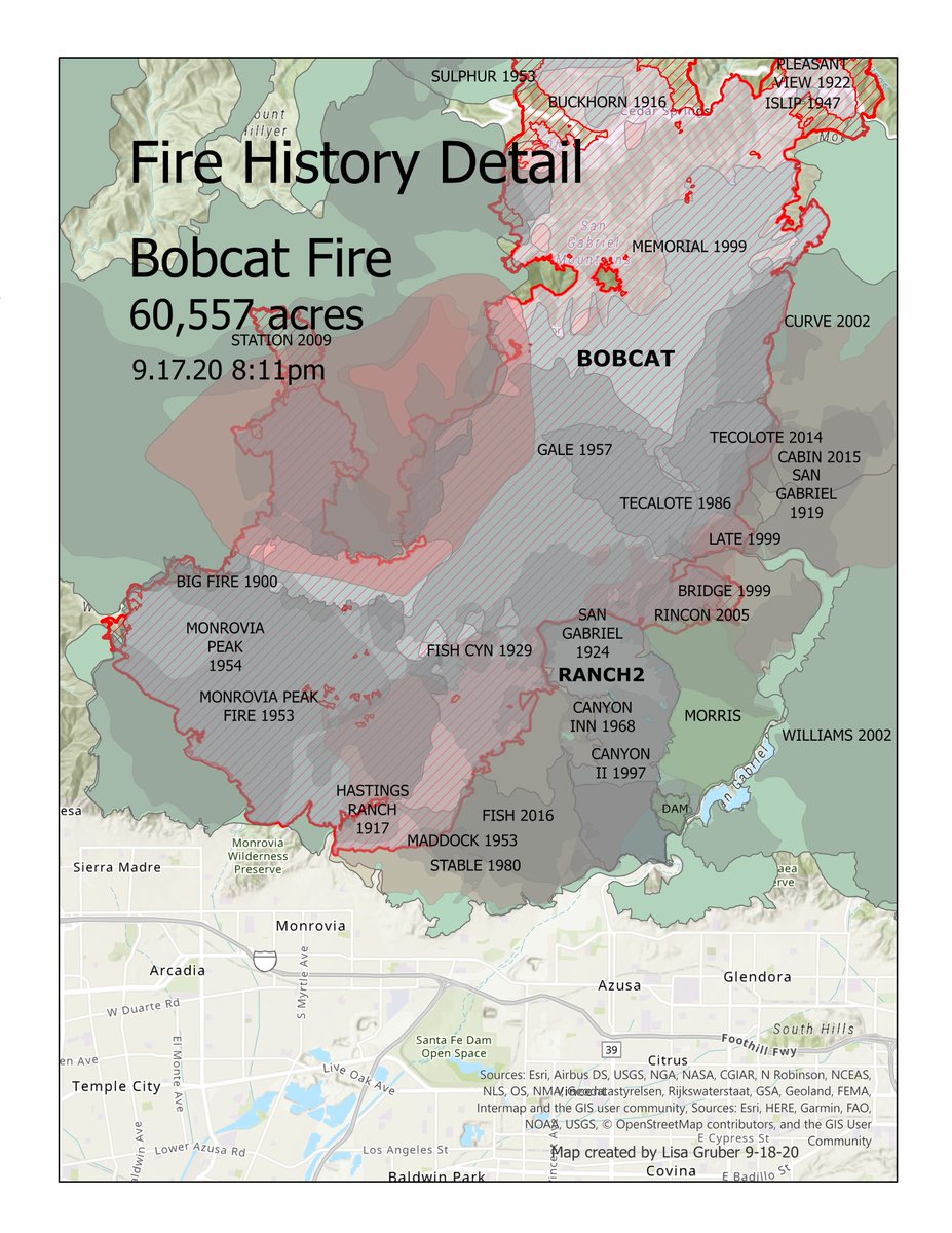 JetSetWithMe's tweet photo. #BobcatFire History Map - Southern portion
with today's perimeter. Lots of veg that hasn't burned since the 50s or earlier. Monrovia Peak fires covered a large portion of the south, Gale and San Gab large mid chunks.
#Ranch2Fire and #DamFire are included as well.
#FireHistoryMaps https://t.co/QF5VIEO9UE