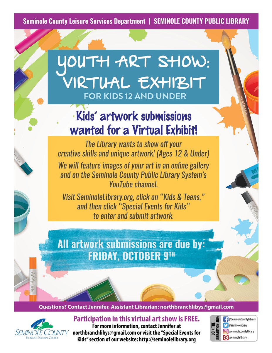 SeminoleLibrary's tweet image. Virtual Youth Art Show with the Library. For kids 12 and under: Kids artwork wanted for a Virtual Exhibit!
All art submissions are due by Friday, October 9th. To submit artwork, visit: bit.ly/35O8ljV
