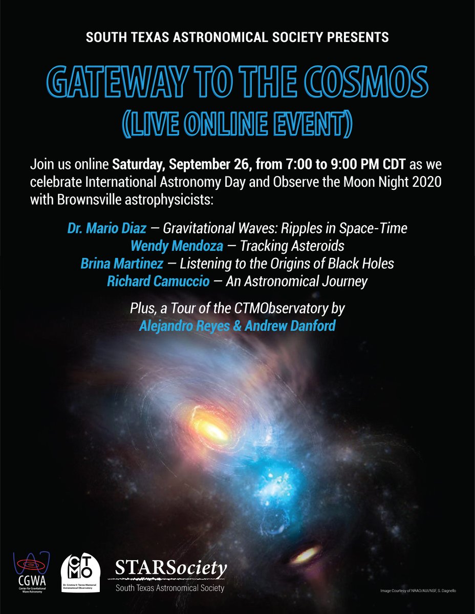 Join us online Saturday September 26 from 7:00-9:00pm CDT as we celebrate International Astronomy Day and Observe the Moon Night 2020 with our friends at <a href="/UTRGV/">UTRGV</a>'s Center for Gravitational Wave Astronomy and <a href="/CTMObservatory/">CTMObservatory</a>!

Facebook event page: facebook.com/events/3108887…