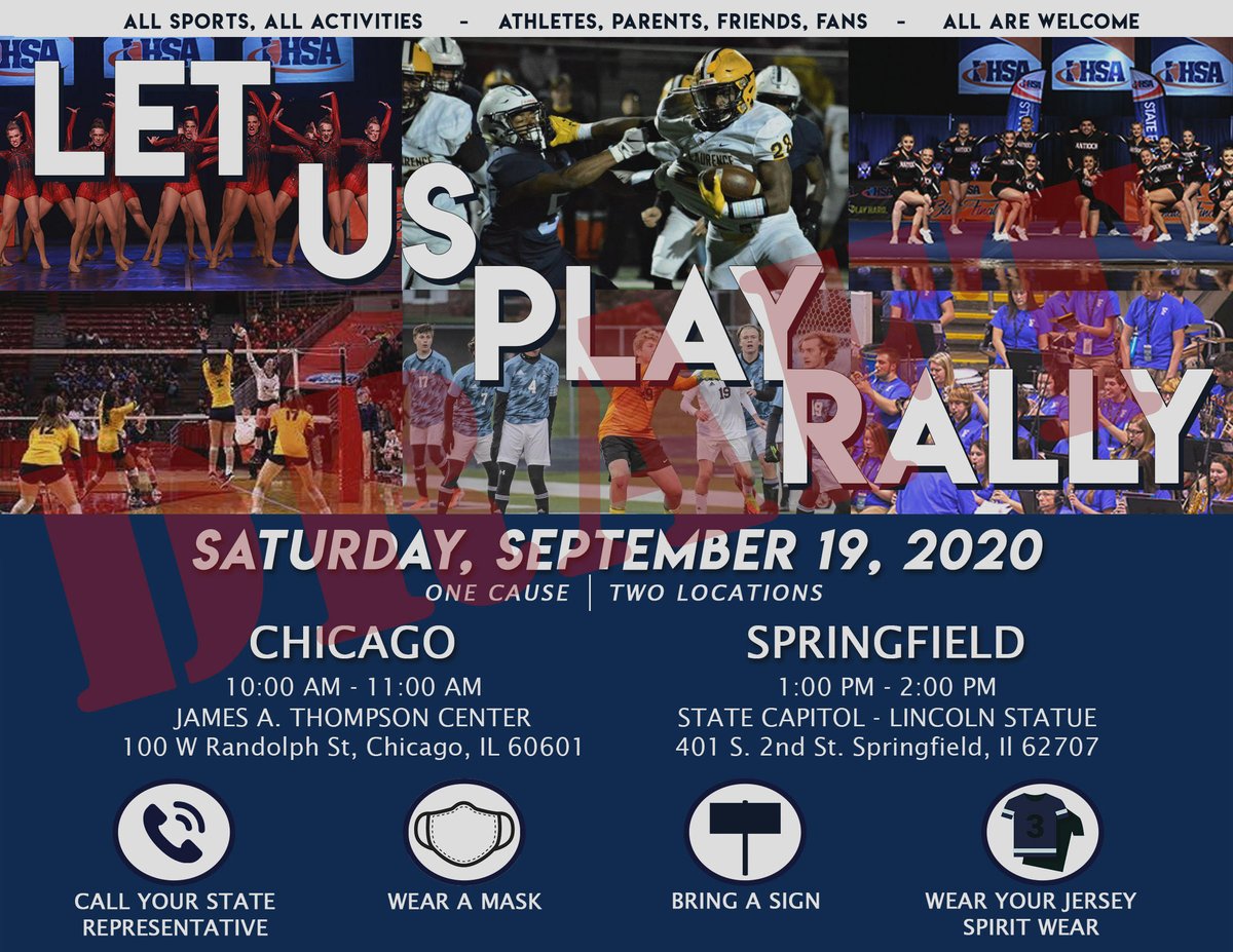 If you don’t plan on bringing a mask and wearing it tomorrow….stay home. #LetUsPlay

Support #LetUsPlay rallies in either Chicago or Springfield tomorrow. 

Wear a Mask. 
Bring a Sign
Wear Your Jersey or Spirit Wear