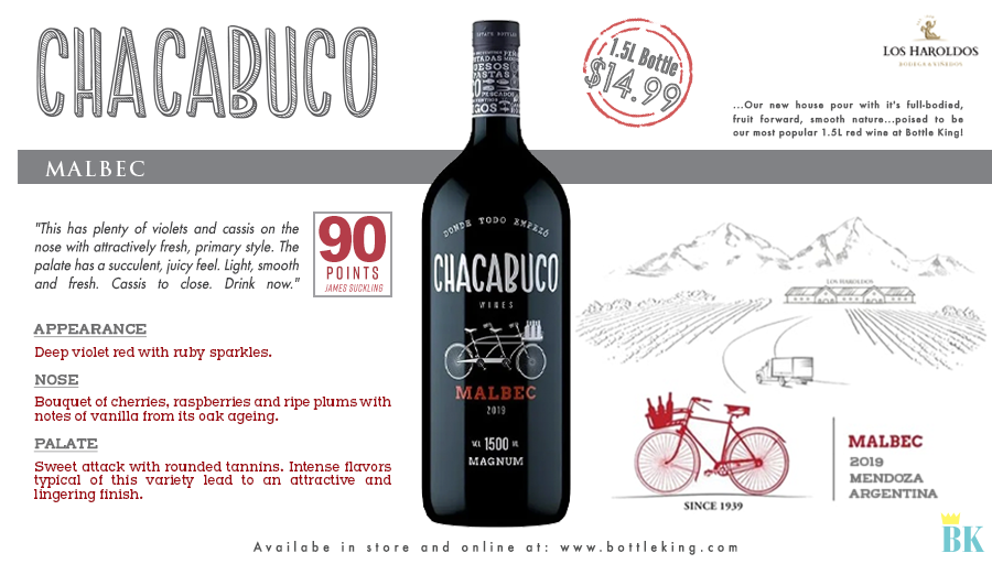 We've only had this wine in stores for a few weeks, but it's quickly becoming our new house pour w/ it's full-bodied, fruit forward, smooth nature. From celebrating the football season to enjoying a cool night at home, Chacabuco is poised to be our most popular 1.5L red wine!