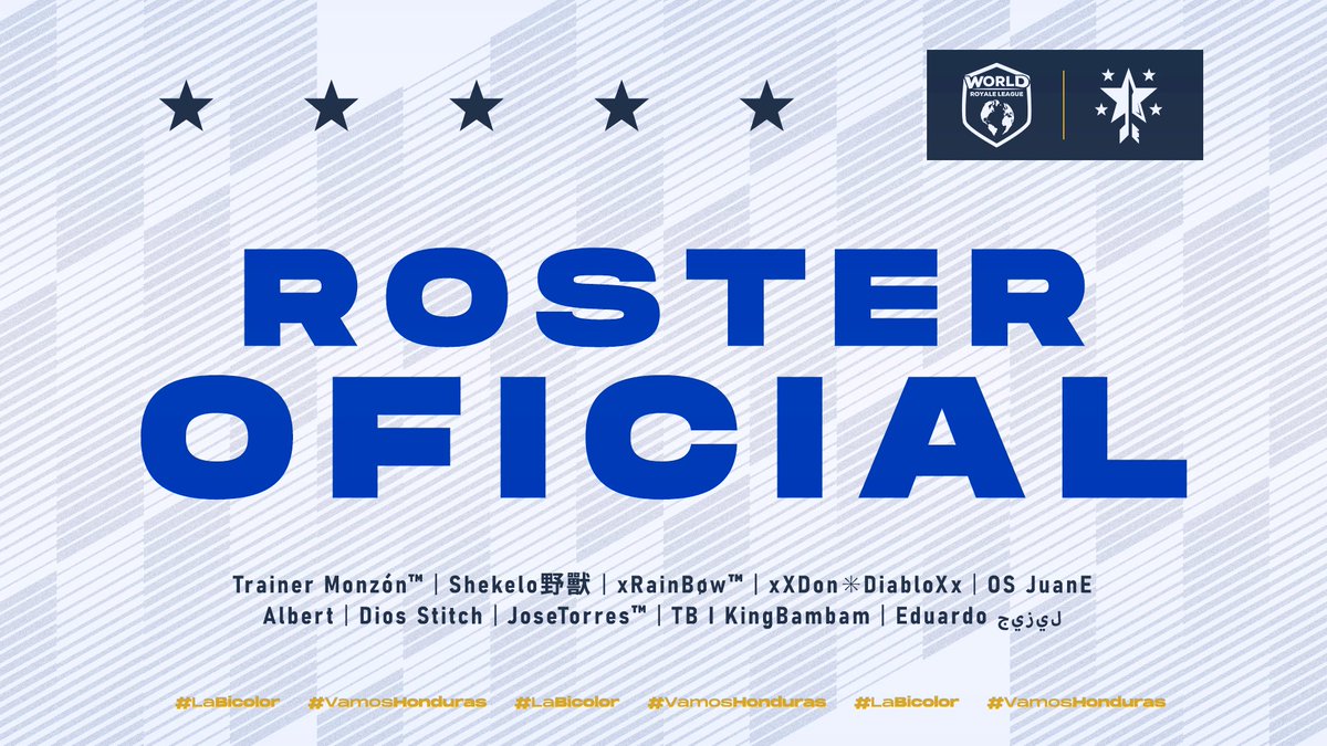 ¡Roster! • #WRL

Damos a conocer los seleccionados que representarán a nuestro país en la temporada 6 de la <a href="/WorldLeagueCR/">World Royale League</a>.

Lo mejor del momento: veteranos y novatos.

¡Preparados para todo!

#LaBicolor 🇭🇳 #VamosHonduras