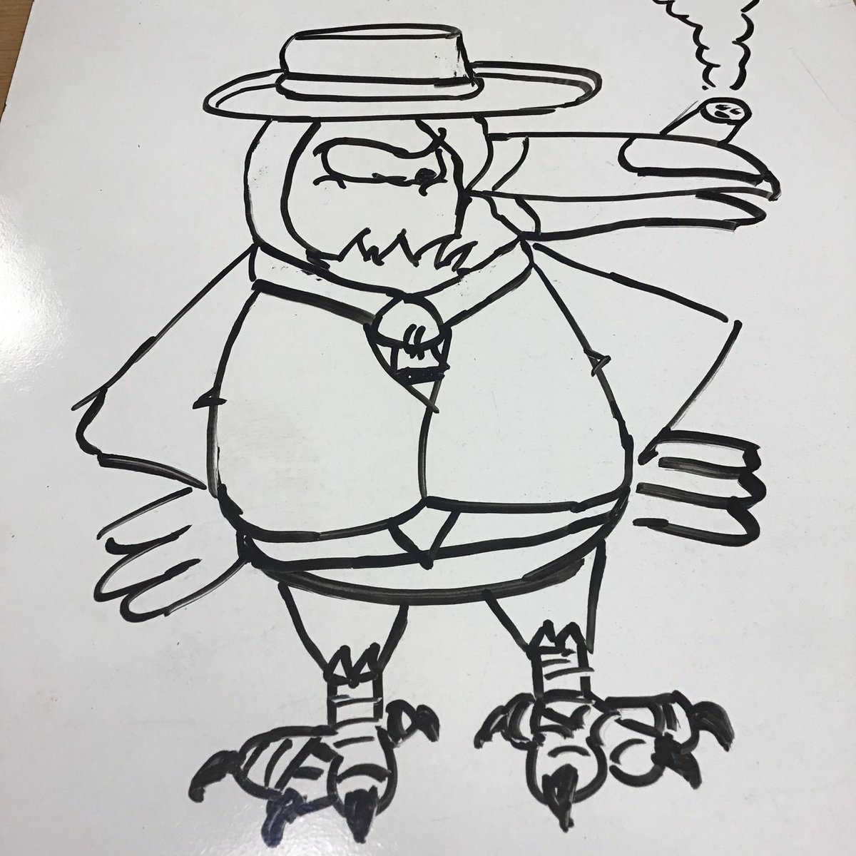 DustBunnyMafia's tweet photo. Whiteboard sketch of a redesign for Bobby the Beak #mobimal #whiteboard #sketch #dryerase #dryeraseart #mob #mafia #comics #theoutfit https://t.co/3fdM57uR0i