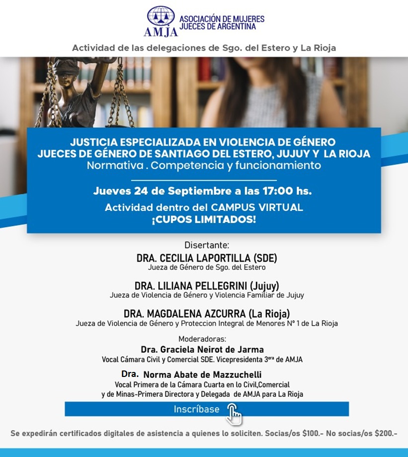 💻Nueva actividad en nuestro campus virtual
📌24 de septiembre 17hs
Justicia Especializada en Violencia de Género, Jueces de Género de Santiago del Estero, Jujuy y La Rioja. Normativa, Competencia y Funcionamiento.
¡CUPOS LIMITADOS!
Inscripciones👇
https://t.co/KugdbAzyNg https://t.co/Xvpaf7eL3p