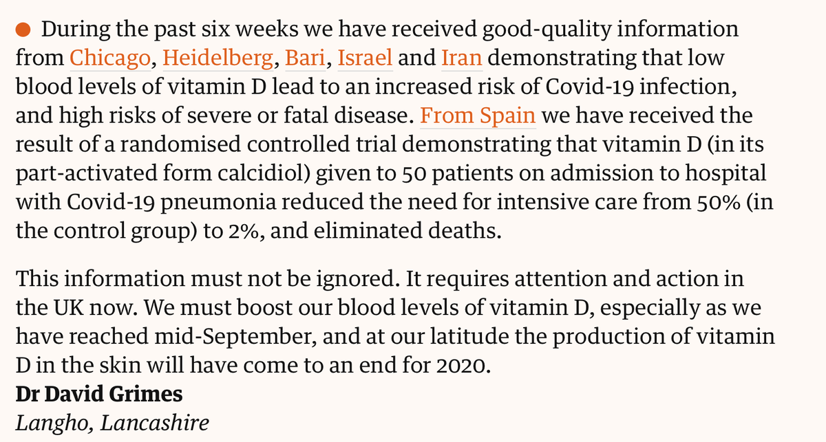 Letter in The Guardian drawing attention to recent evidence of  Vitamin D in defence against Covid-19. The evidence is so strong that it must not be ignored.