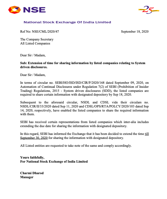 FCSJigarShah's tweet photo. #SEIBI : Extension of time for sharing information by listed companies relating to System driven disclosures. -Extended till 30 September 2020
https://t.co/q7kjdTN7Mk https://t.co/odRxlQsGvM