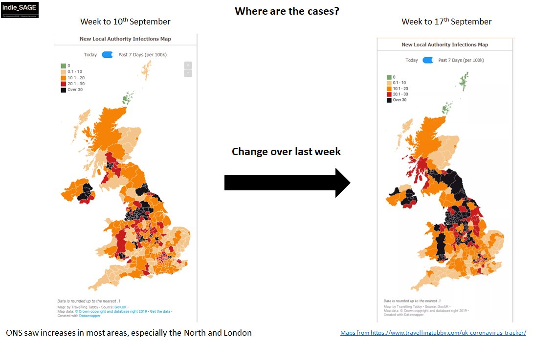 These maps from  @TravellingTabby show how COVID has spread across the country - there are many hotspots and most places are warm and getting warmer. Places that were hard hit the first time are not being spared (e.g. Birmingham). 5/13