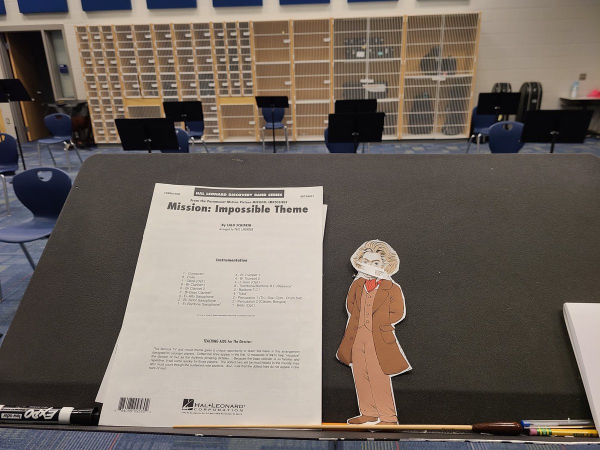 WilmSymphony's tweet photo. Beethoven is ready to conduct the 8th-grade band at Surf City Middle School! Notice he is appropriately masked. The second picture is him deciding what instrument to play with the 6th-grade band. What instrument will Beethoven choose?! #WSOlovesBeethoven #100daysofBeethoven https://t.co/CBBo5pdYvW