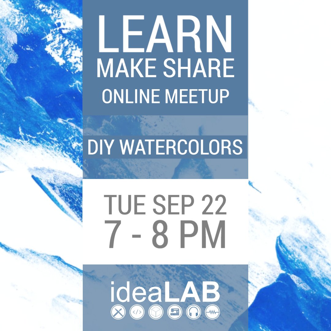 denverlibrary's tweet image. Join the ideaLAB team for an online discussion about DIY watercolor paints Tuesday September 22 from 7-8pm. 

More here: denverlibrary.org/idealab and through the library's events calendar under eProgramming.  

#denverideaLABs #watercolorart #makeathome