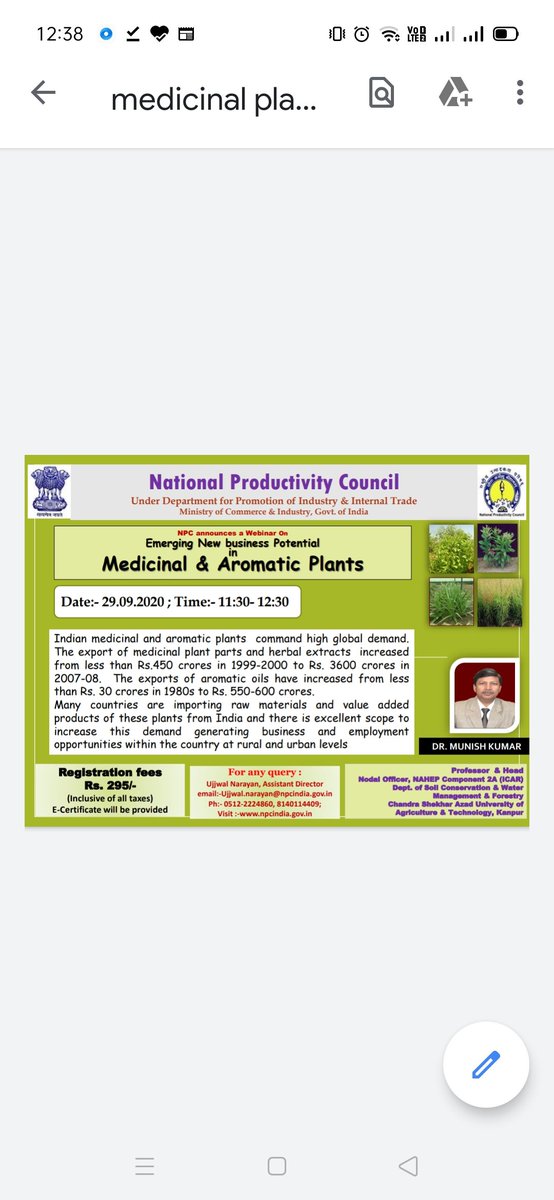 PreetiGangwar19's tweet photo. @NPC_INDIA_GOV
29.09.2020 at 11:30 am
https://t.co/wiJufRgzJu
#Register yourself to know about #medicinal plant, it is an emerging new business opportunities in #COVID19
@kyp_tool @DDNewsHindi @DDNational @DDNewsUP @UPGovt @IITKanpur @iitdelhi @iitbombay https://t.co/ZTwP3Djtmx