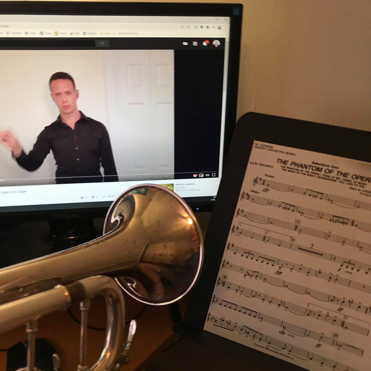 FirebirdPops's tweet photo. And they're off!  The Firebird Musicians assigned to "The Phantom of the Opera" began work this week to record their parts and bring you the virtual performance next month!  Here is Andrew St. Jean's set up as he prepares to record the Trumpet 3 part. https://t.co/n3jZjdkULO