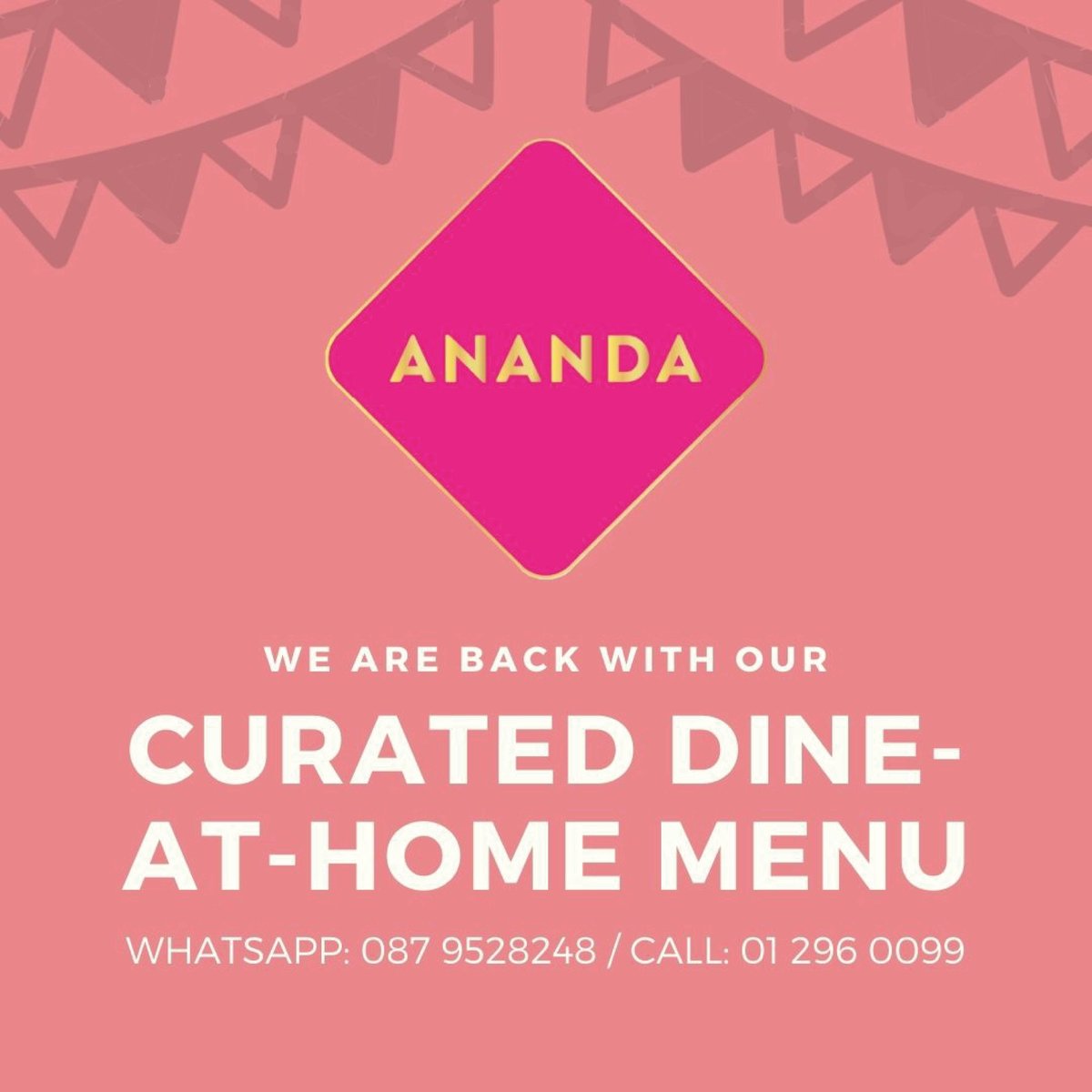 Thank you for your continued support. Adhering to the new recommended guidelines, we have our Curated Dine at Home menu available from 3:00pm on Sat, 19th Sept. - anandarestaurant.ie/dine-at-home-m…
To place orders WhatsApp us on 087 952 8248 (or) call us on 01 296 0099