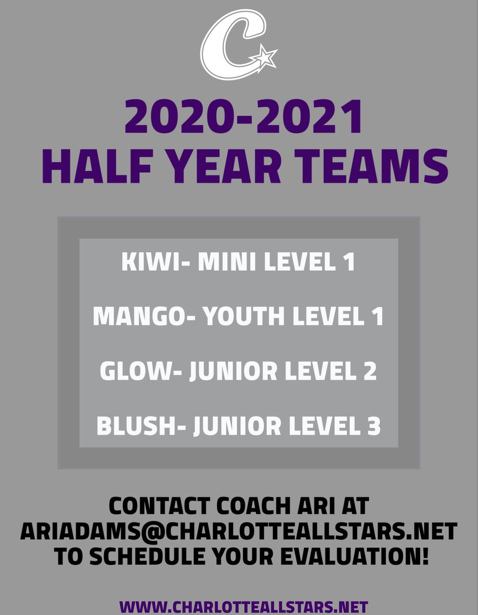 Did you miss Half Year Evaluations? No worries! Reach out to us and schedule an evaluation for your athlete TODAY! For more information visit our website or email AriAdams@CharlotteAllstars.Net! #purplepride 💜🖤