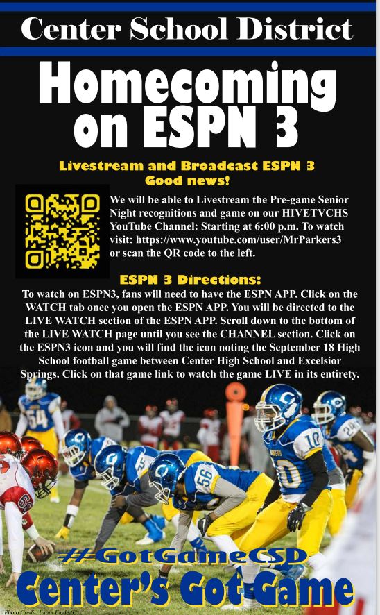 CenterSD's tweet photo. Two ways to watch tonight's game: 

We will Livestream the Pre-game Senior Night recognitions and game on our HIVETVCHS YouTube Channel: Starting at 6:00 p.m. To watch visit: https://t.co/EJvDQJjZqR

Plus you can watch on ESPN 3! #GotGameCSD #CenterSD https://t.co/vULW1umDPj