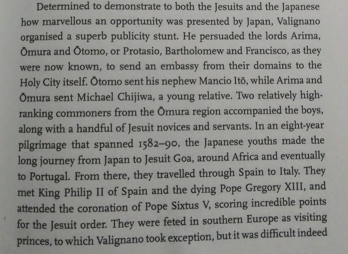 The Tenshō embassy over a period of 8 years brought the first Japanese emissaries, all Christians and sponsored by 3 converted daimyos to the courts of Portugal, Spain, Italy and the Pope. Also some of the historical persons, saints and relics that became popular in Japan