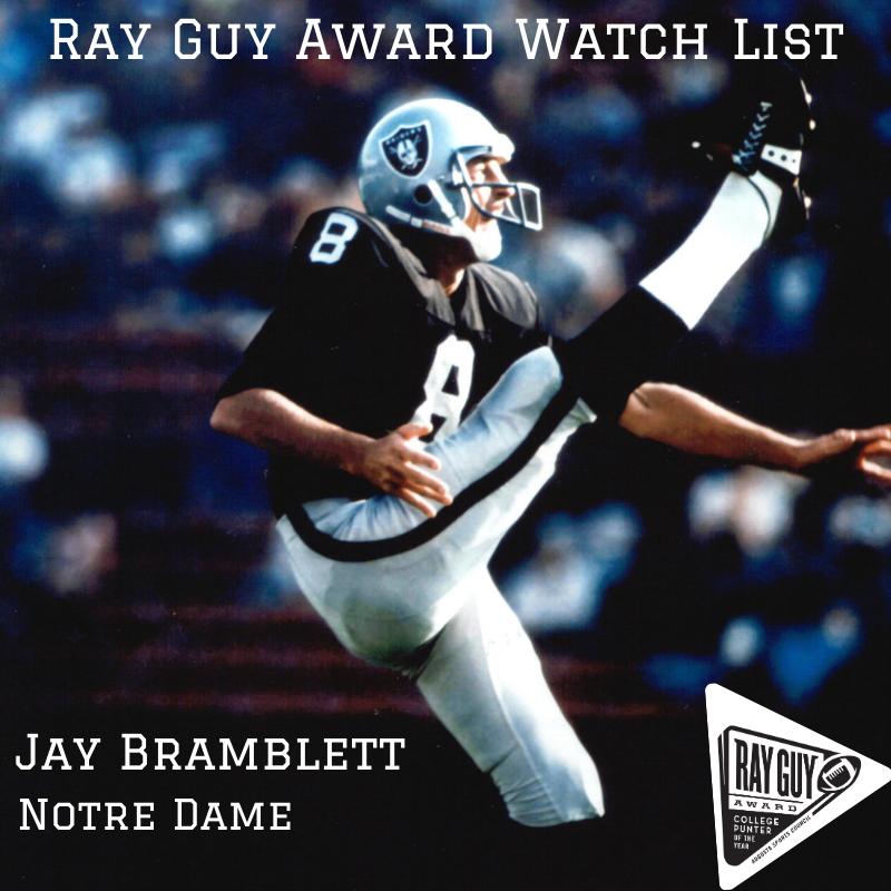 RayGuyAward's tweet photo. Congrats to Jay Bramblett @Jbram15 @jbram_15 of Notre Dame @NDFootball @TheFightingIrish ! He is officially nominated to our 2020 watch list!
__
#RayGuyAward https://t.co/3G1jcLsXQ1