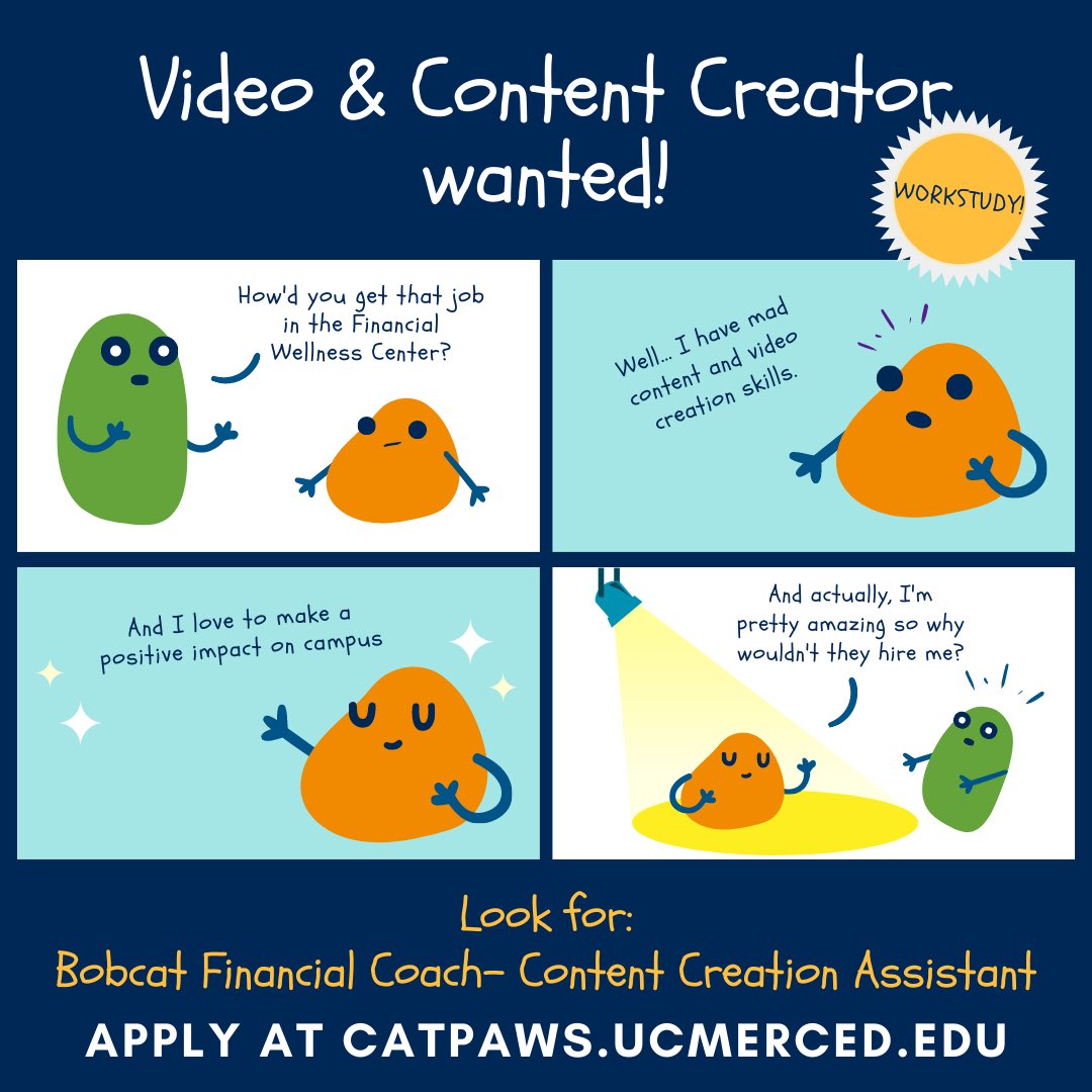 ‼️ UC Merced students‼️

The Financial Wellness Center is hiring a Bobcat Financial Coach specializing in content creation! 

Get 🤑PAID💰 to do what you love!

RT to help out a Bobcat looking for a job!