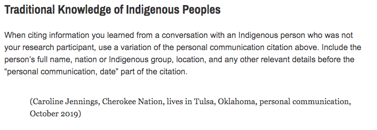 Happy to see the 7th edition of the @APA style guide now officially includes how to cite Indigenous knowledge (rather than referring users to a third party, as in 6th ed)

#AmericanPsychologicalAssociation
#RepresentationMatters 
#IndigenousKnowledge