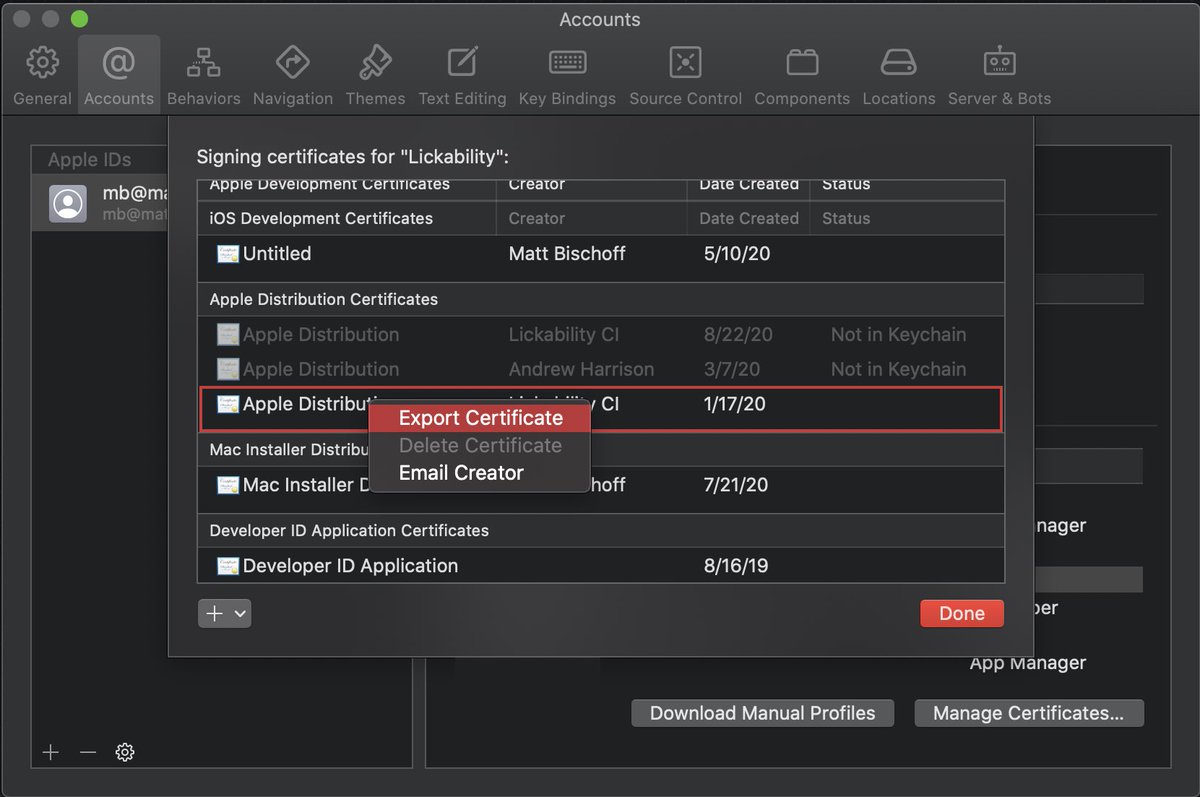 lickability's tweet image. This week’s tip is from @Cordavi:
It’s that time of the year again when your application certificates have expired. Did you know you can renew and export your new certificates directly from Xcode’s preferences? #iOSdevtips