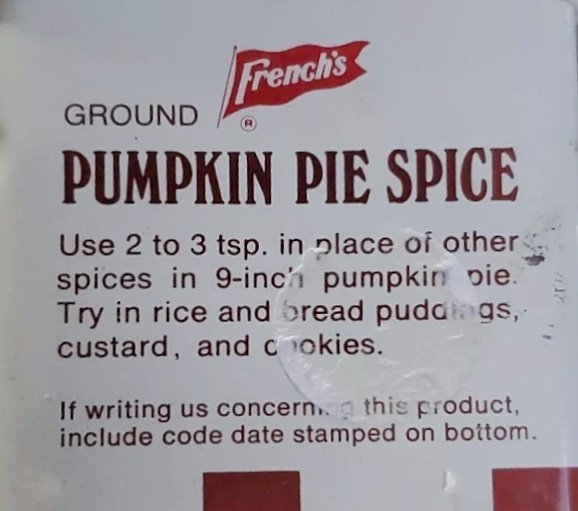 Ground pumpkin pie spice tips (French's, ca.1980s)