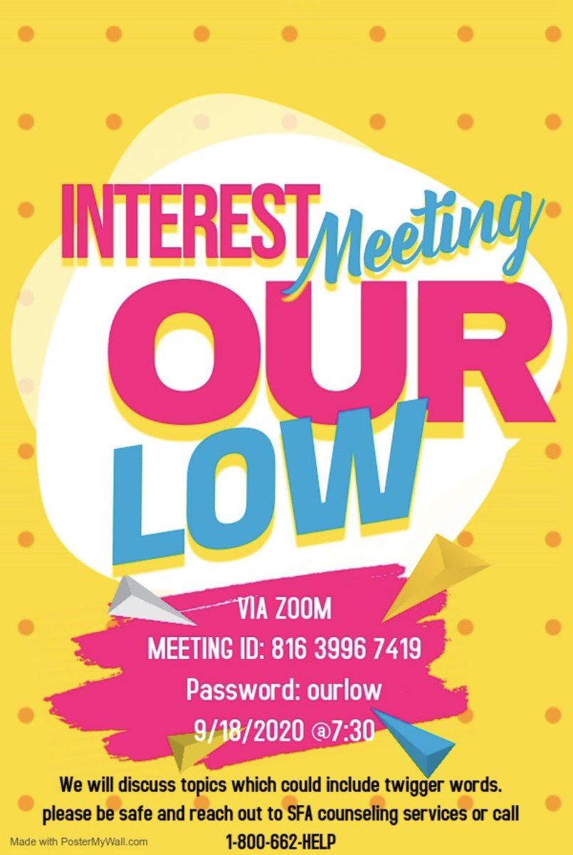 OurLow's tweet photo. Come Join us TONIGHT! See what OurLow is all about and what you can do to the fight the stigmas surrounding mental health. 🧠💙💚 Meeting starts at 7:30 via zoom! #MentalHealthAwareness #OurLow #EndTheStigma #SFASU #MentalHealthMatters #YouMatter #AxeEm https://t.co/LR42j9XIG4