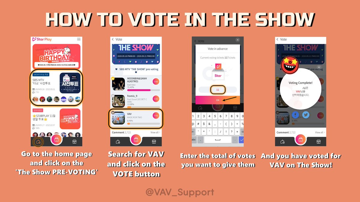 VAV_support's tweet photo. <VAV VOTING>
.
[STAR PLAY TUTORIAL]
(ENGLISH) 

📢PRE-VOTING AT STAR PLAY APP FOR THE SHOW HAS STARTED.

MADE FOR TWO is currently in #3.

❓If you have any questions let us know!

#VAV #MADE_FOR_TWO @VAV_official https://t.co/MltW5G56KF