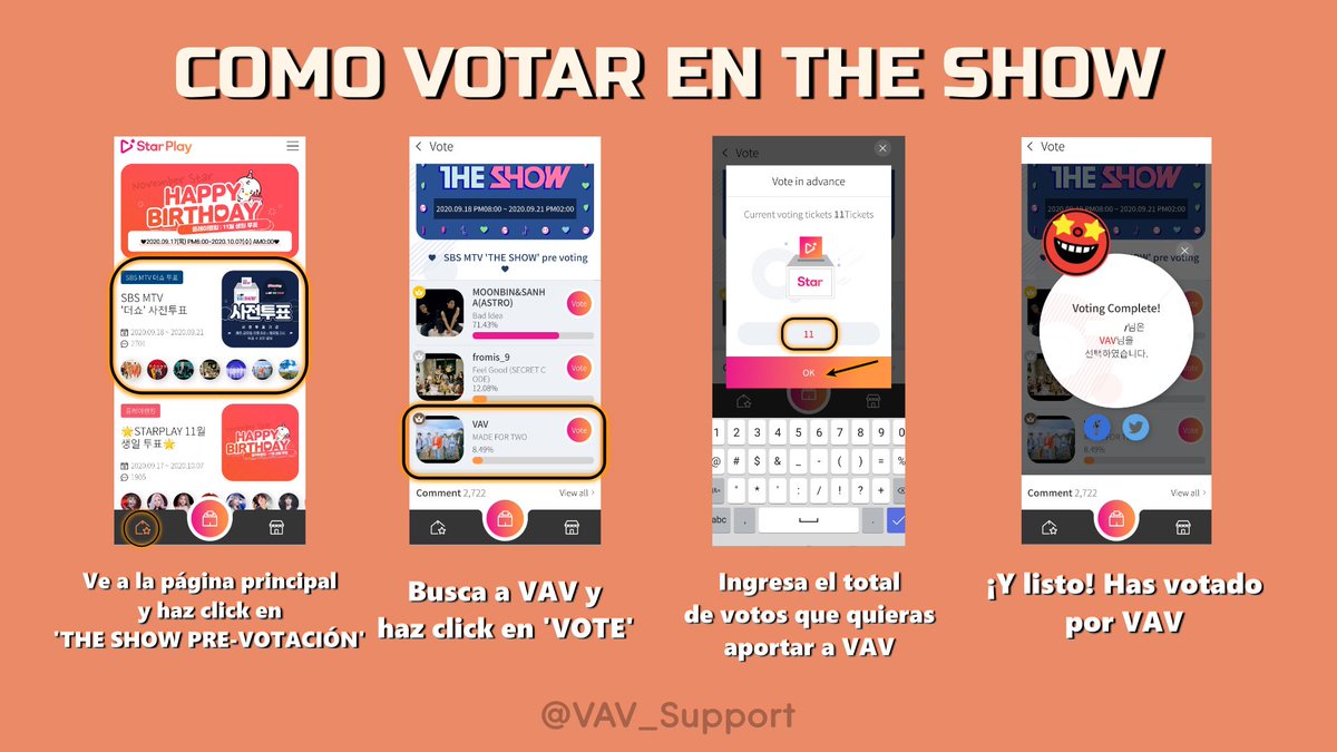 VAV_support's tweet photo. <VAV VOTING>
.
[STAR PLAY TUTORIAL]
(ESPAÑOL) 

📢 LA PRE-VOTACIÓN EN STARPLAY PARA THE SHOW HA EMPEZADO.

MADE FOR TWO está actualmente en #3.

❓Si tienes alguna duda no dudes en comentarnos!

#VAV #MADE_FOR_TWO @VAV_official https://t.co/yqYUeduVqQ