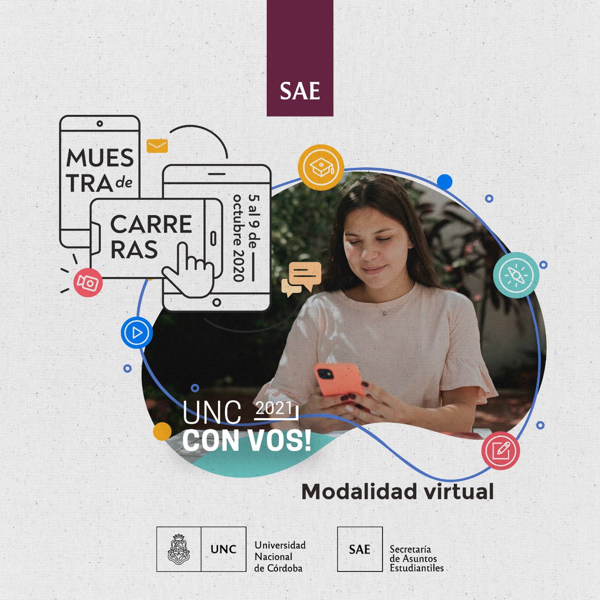 SaeUnc's tweet photo. #MuestradeCarreras la #UNCconVos #Ingreso2021
📌 Del 5-9 de Octubre un mundo de oportunidades en modo virtual.
📲 Acceso a la info de todas las carreras de grado / pregrado, y distintas actividades en línea.
🏛️✨ Construyendo tu futuro en la @unc_cordoba https://t.co/bsPoNBX4zS