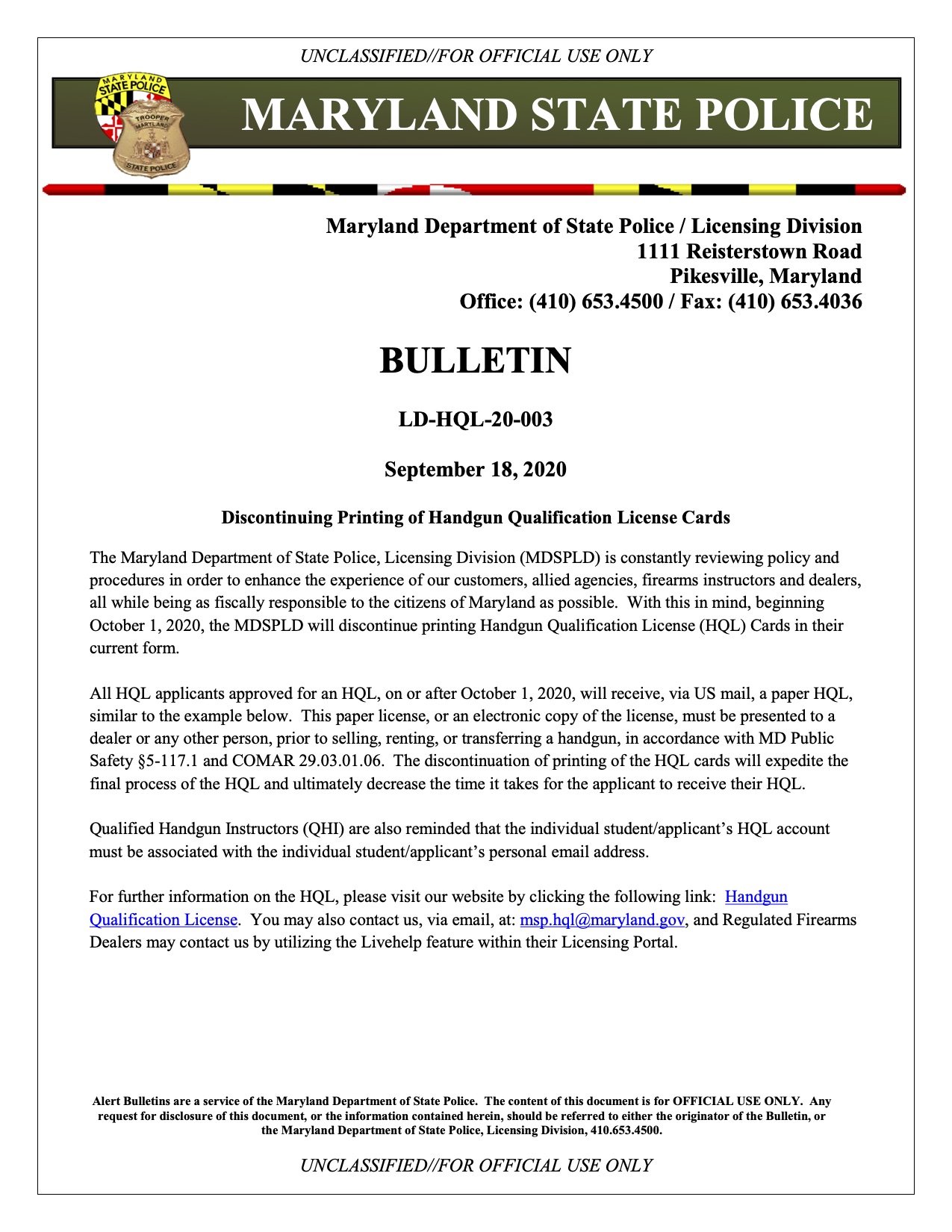 Maryland Shall Issue on Twitter: "New from @MDSP: "Discontinuing Printing  of Handgun Qualification License Cards". Starting 10/1, HQLs will be issued  as a letter instead of plastic card. We've been informed that