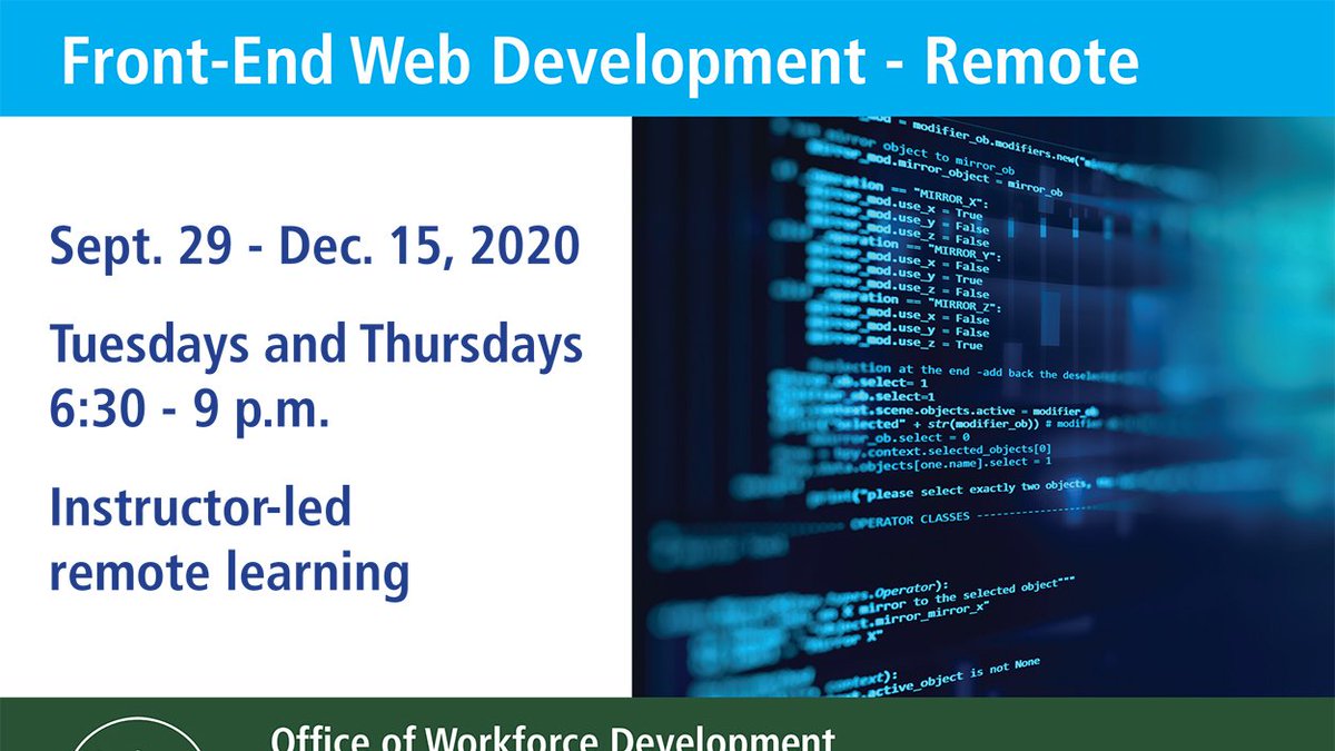WD_HVCC's tweet photo. Learn the skills you need to start a new career.
 
Our remote Front-End Web Development course begins Sept. 29.
For more info &amp; to register: https://t.co/dD5hzYmBAb

#FEWD #OnlineClasses #HVCC #TroyNY #AlbanyNY #HudsonValley @HudsonValleyCC @MayorMadden https://t.co/ydx6h8GR0D