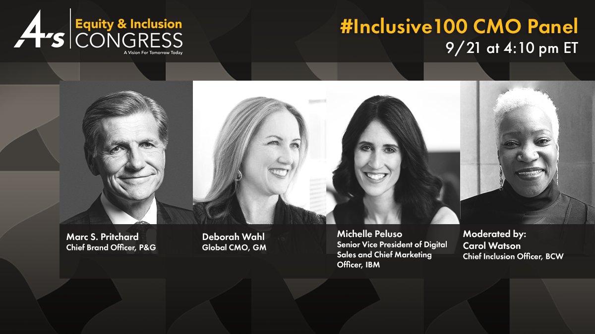 inclusive100's tweet photo. Hear first-hand from three brand marketers who walk the talk of @SheRunsItOrg &amp; #Inclusive100 to drive inclusive best practices across their organizations. Join #4As Equity &amp; Inclusion Congress on 9/21-9/22 &amp; 10/5-10/6 to learn how they measure inclusion. https://t.co/sK4nWKKU2E https://t.co/LPtwhRxPzD