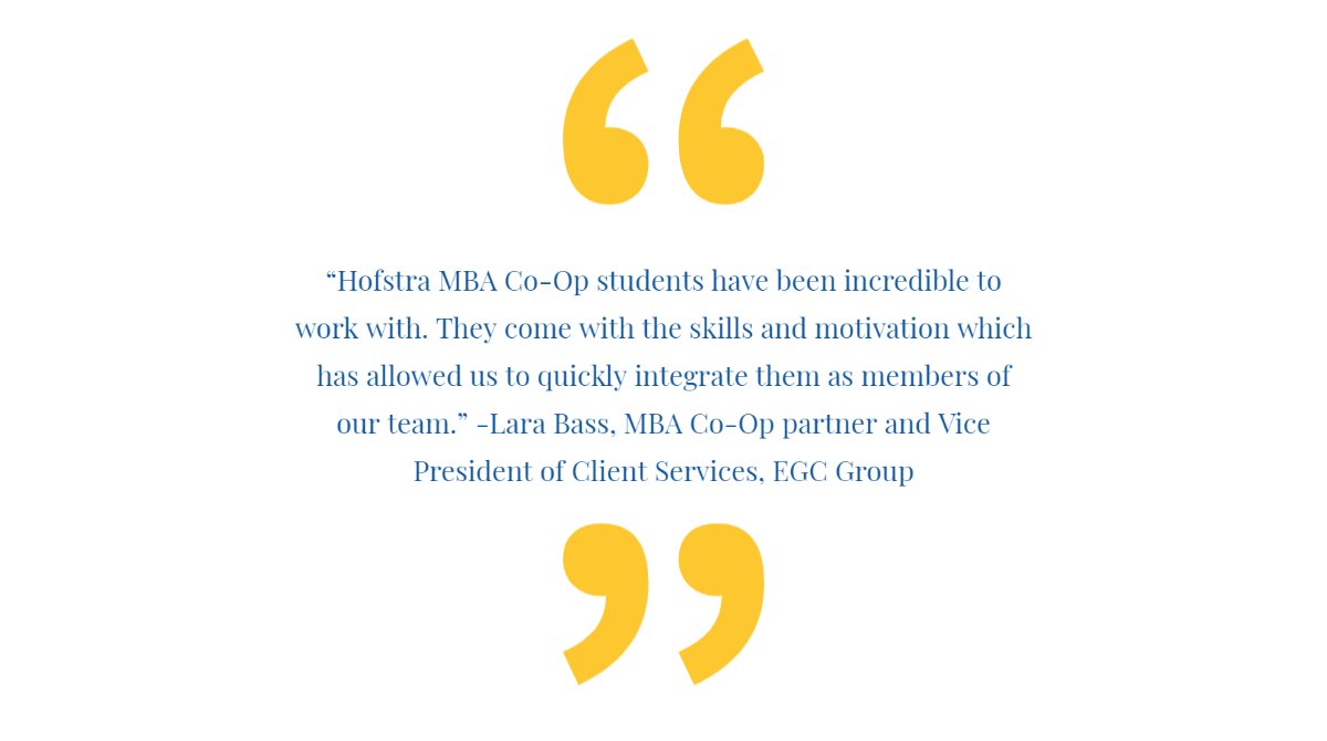 ZarbSchool's tweet photo. "Hofstra MBA Co-Op students have been incredible to work with. They come with the skills and motivation which has allowed us to quickly integrate them as members of our team." Lara Bass, Co-Op partner from @egcgroup 

For more information, visit: https://t.co/Kbv4KdWEho https://t.co/zOtb8LgB28