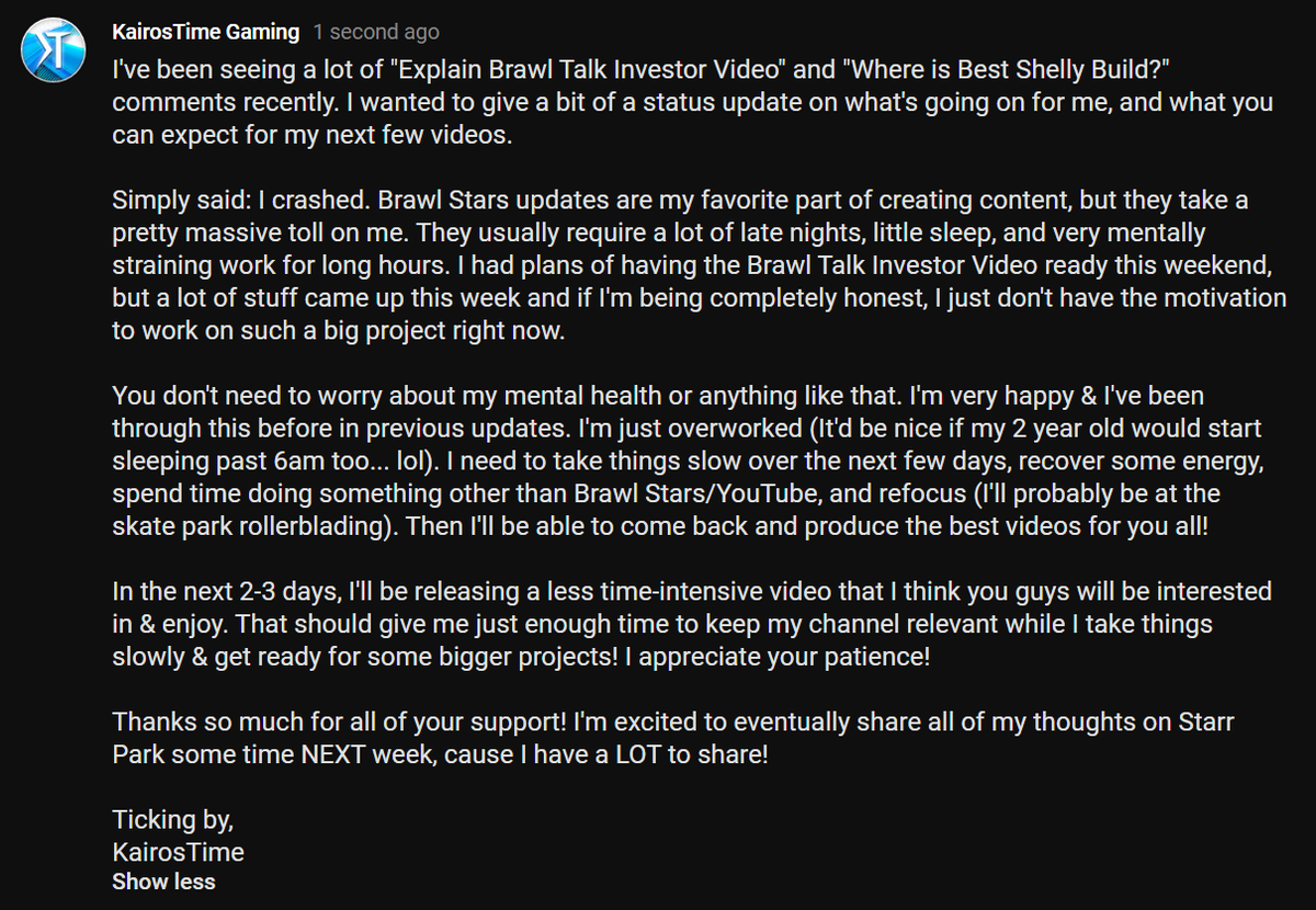 KairosTime's tweet photo. "Explain Brawl Talk's investor video!"
"Where is the Best Shelly Build video?!"

Here's a status update on what's going on for me, and what you can expect. https://t.co/p0qBfe1LL1