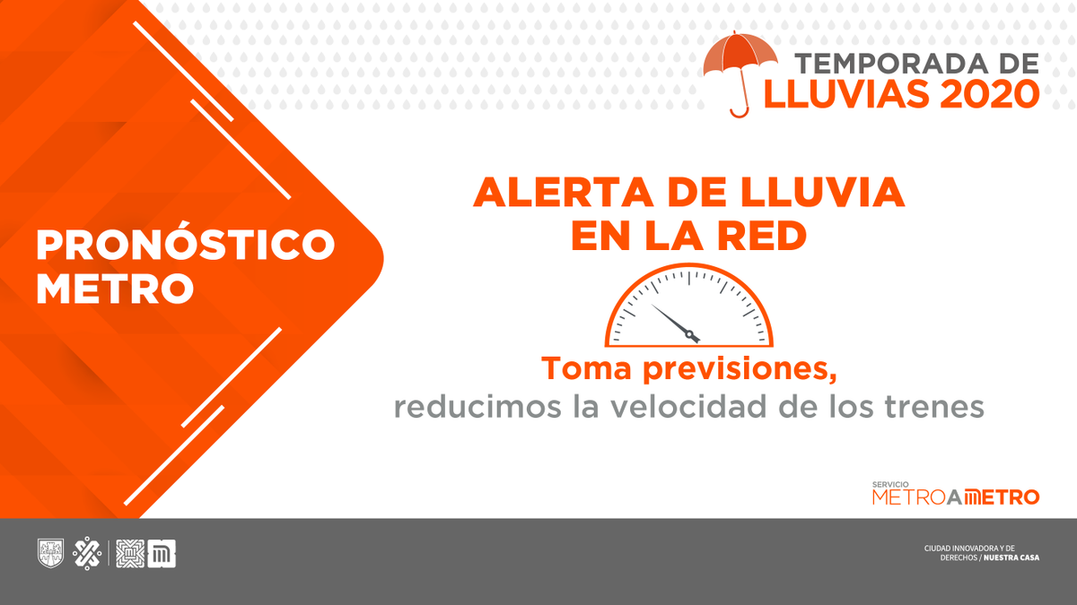 MetroCDMX's tweet photo. #AvisoMetro: Llueve en algunas zonas de la Ciudad de México, el avance de los trenes es lento en #L2, #L8 y #L12, lo que puede ocasionar que se duplique tu tiempo de traslado. Toma previsiones. #MovilidadCDMX https://t.co/wHUZFv035N