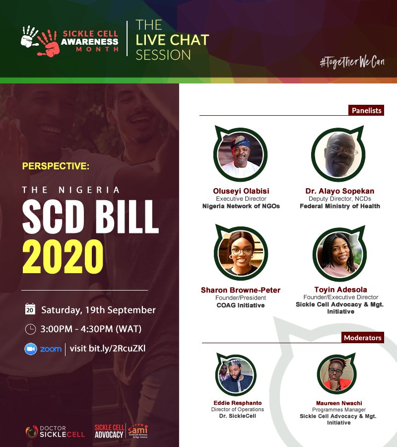 SAMIupdate's tweet photo. The @NGRSenate's #SCDBill2020 is up next in the #SickleCellAwarenessMonth
You #SickleCellWarrior are a stakeholder, have your say
Join this live chat tomorrow because #TogetherWeCan get @NigeriaGov @NGRPresident and @nassnigeria to listen
Register via https://t.co/udZeoBs6c0 https://t.co/zXyLHqCeNI