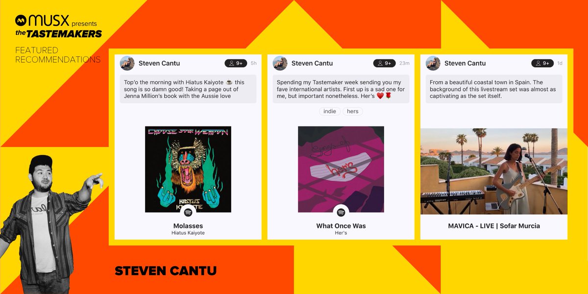 musxapp's tweet photo. This week #SofarATX City Director @steviemayneee took us around the globe with some of his favorite artists ft. Australia's neo soul, UK's rock & Spain's indie pop.
Get recs like these from Steven Cantu every week on musx to discover hidden talent before everyone else! https://t.co/T0hb4riWlN