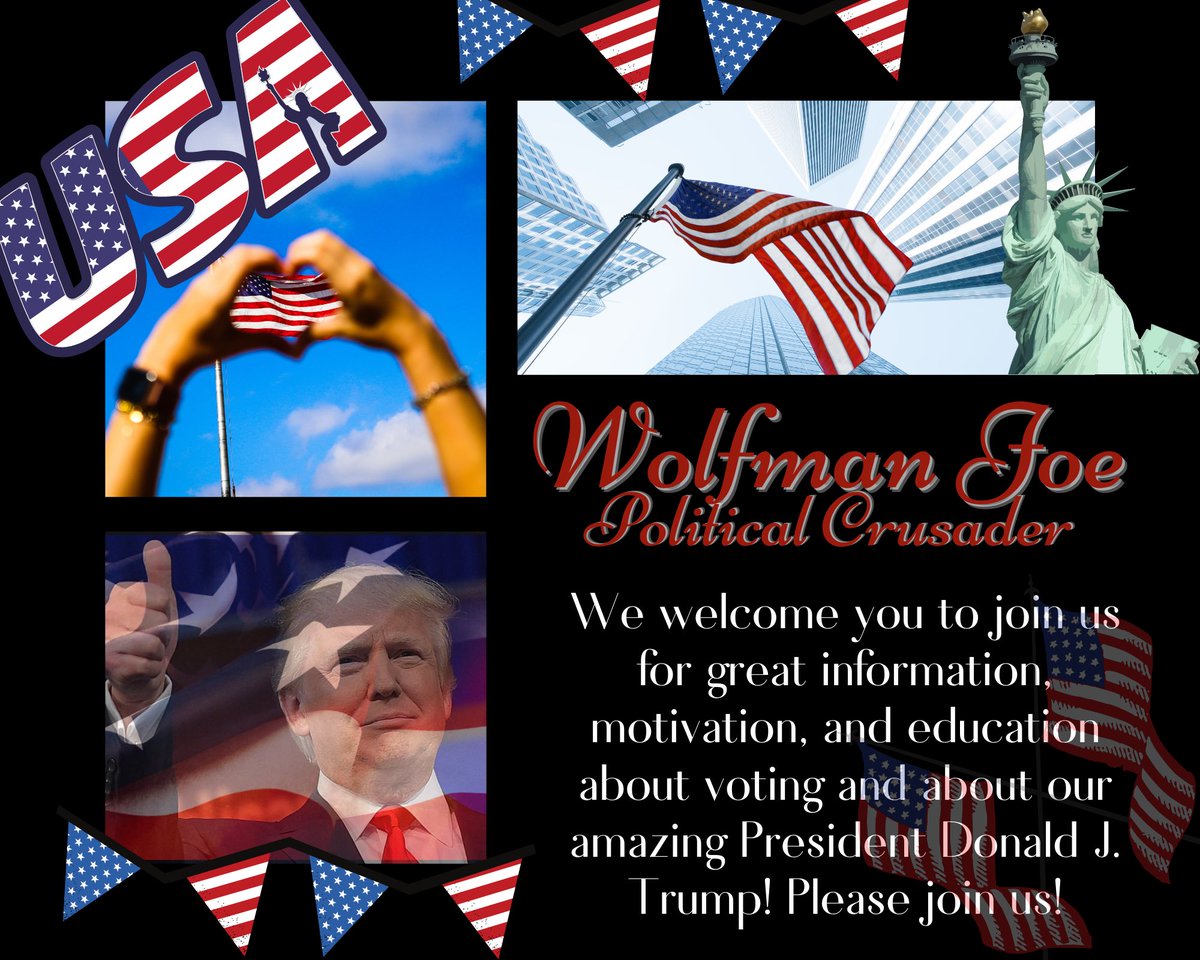 Standing4TheUSA's tweet photo. We welcome you to join Wolfman Joe for great information, lives, motivation and education about voting & about our amazing President! Please join us! #Trump2020 #ArmyForTrump #VoteRedToSaveAmericasFuture @realDonaldTrump @WhiteHouse @POTUS @WolfmanJoe2_0 @AmericaOrigina1 https://t.co/PmUhf2wJv3
