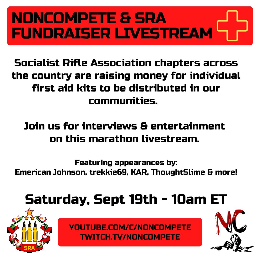 The SRA is raising money to purchase IFAKs (Individual First Aid Kits) to be distributed to chapters and community organizations around the country.

There will be a livestream hosted by @EmericanJohnson <a href="/ThoughtSlime/">Thought Slime</a> and others starting Saturday at 10 ET

gofundme.com/f/sra-first-ai…