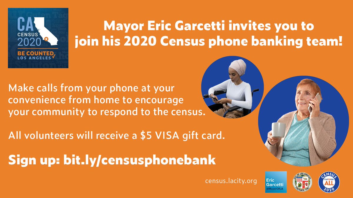 Graphic of two people on the phone with details explaining how you can join the Mayor's Census phone banking team